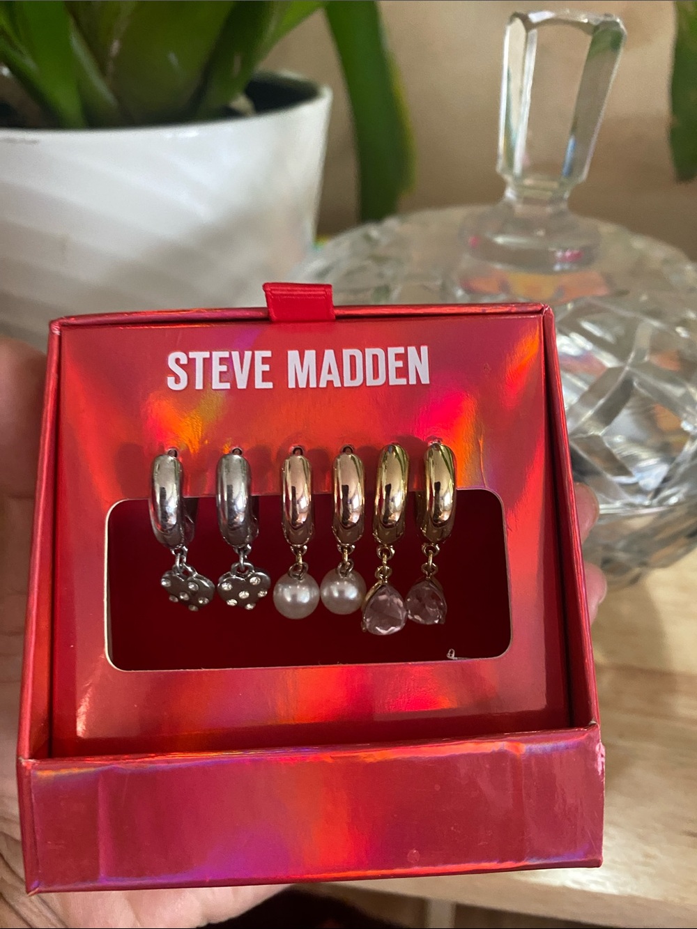 Steve Madden Huggie Earring Set - Mixed Metals with Pearls & Pink Drops